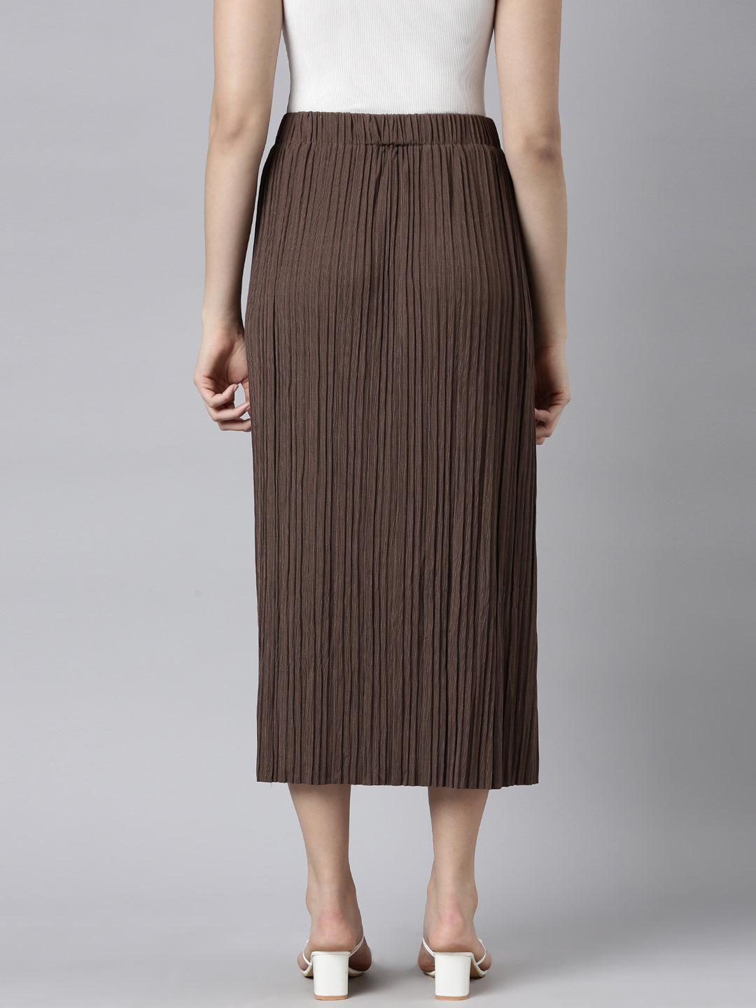 Women Self Design Brown Straight Midi Skirt