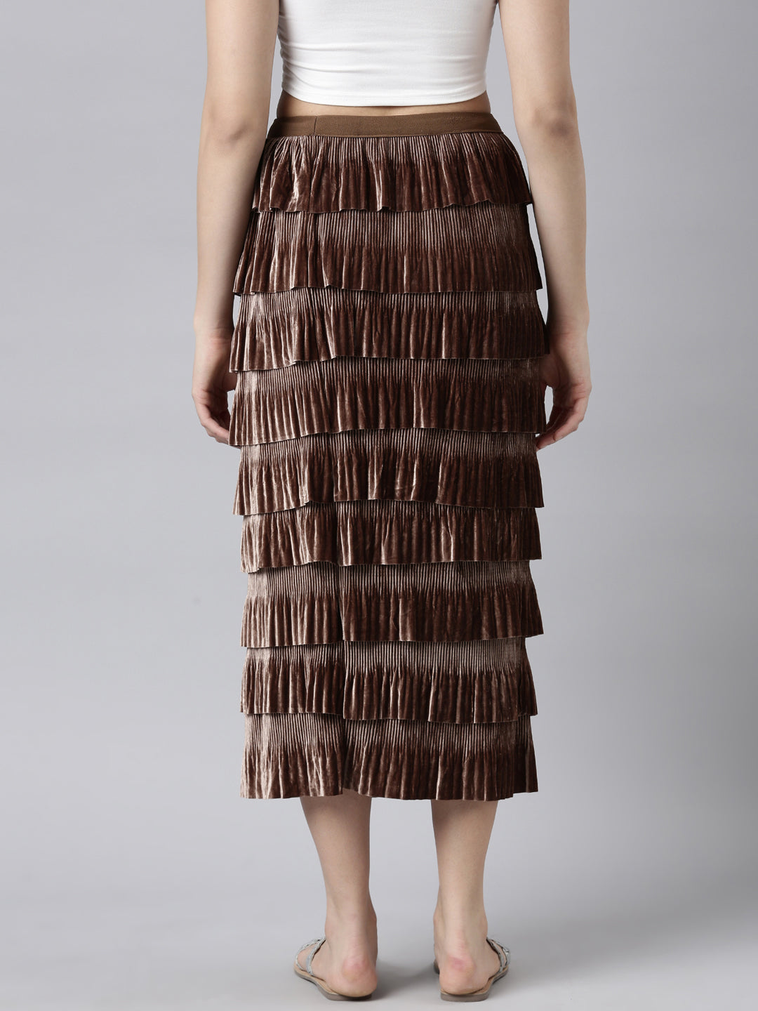Women Self Design Brown Tiered Maxi Skirt