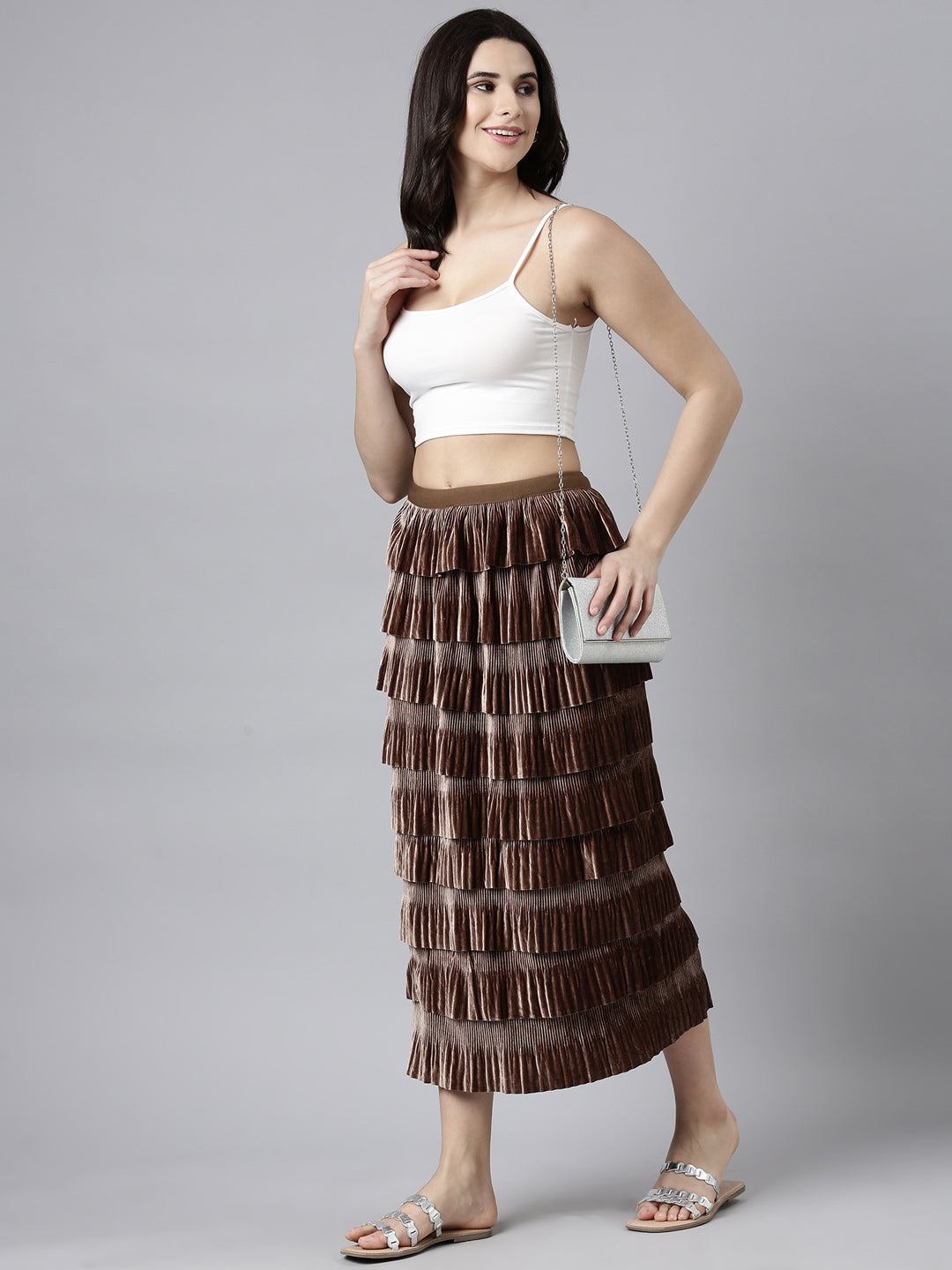 Women Self Design Brown Tiered Maxi Skirt