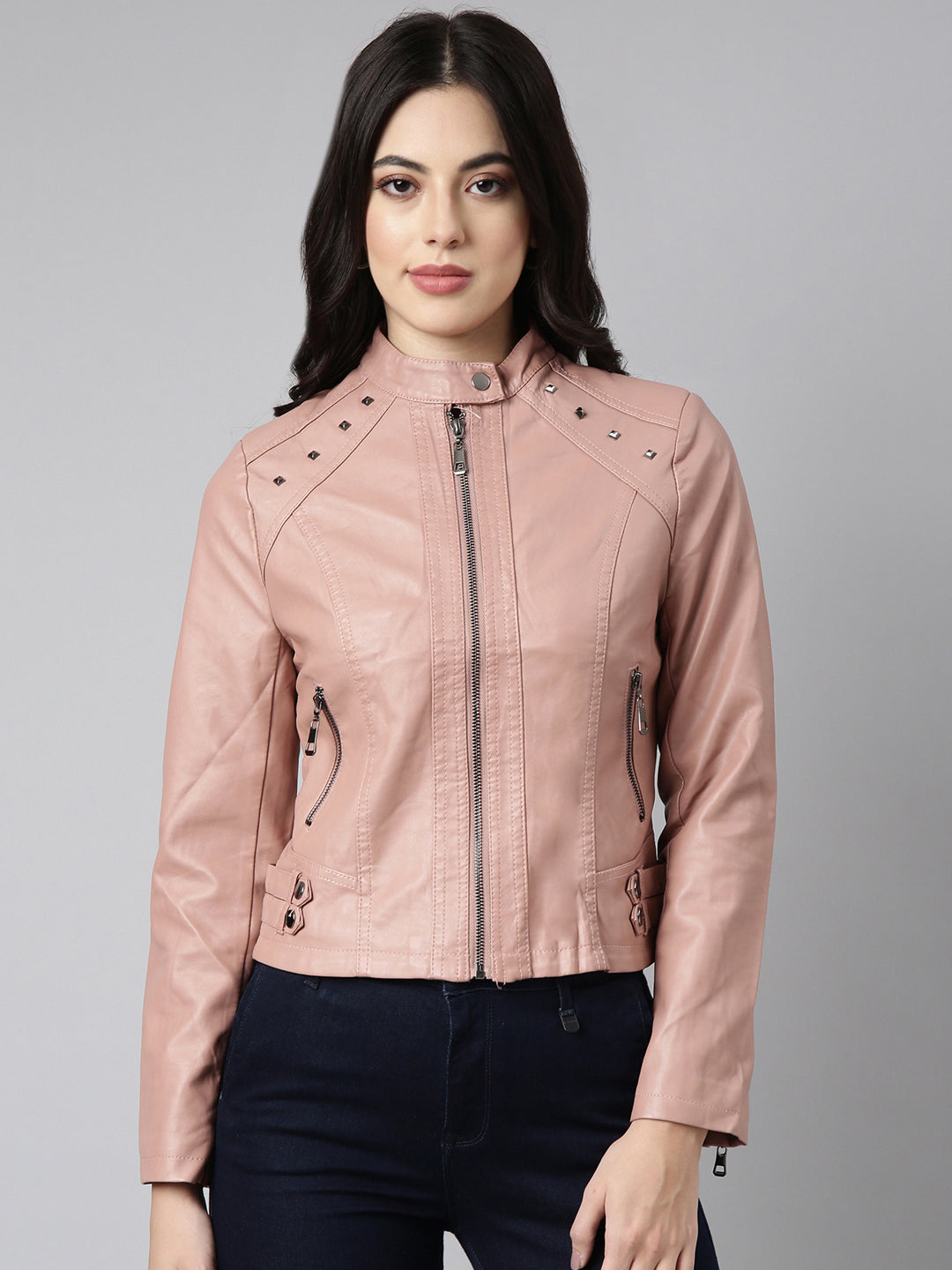 Women Solid Peach Biker Jacket