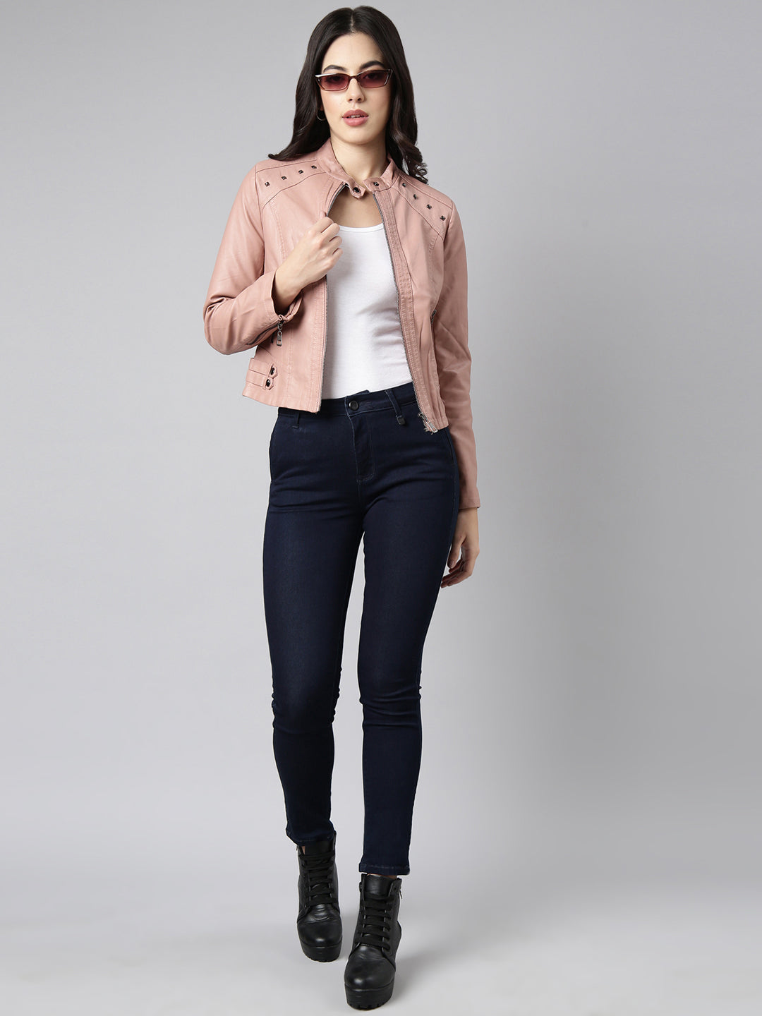 Women Solid Peach Biker Jacket