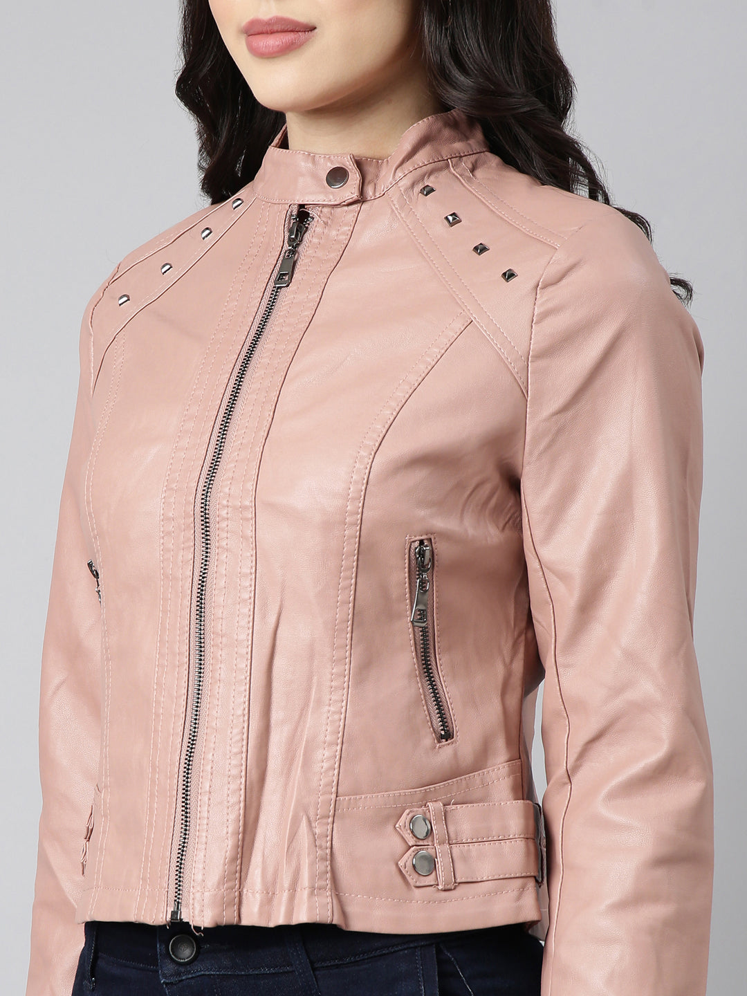 Women Solid Peach Biker Jacket