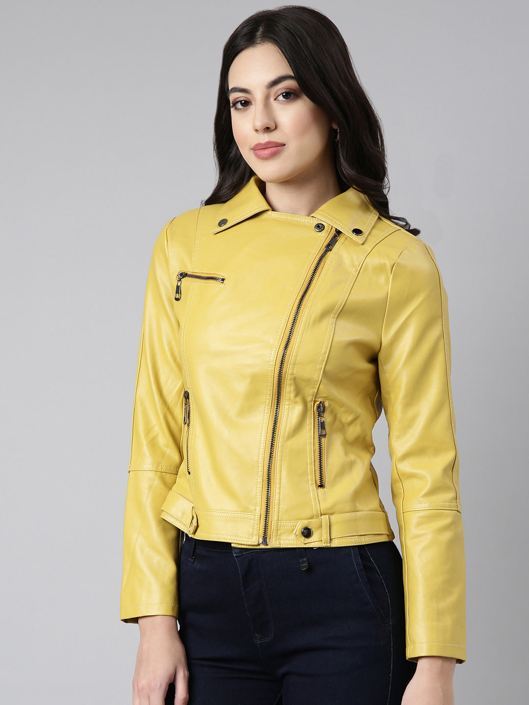 Women Solid Yellow Biker Jacket