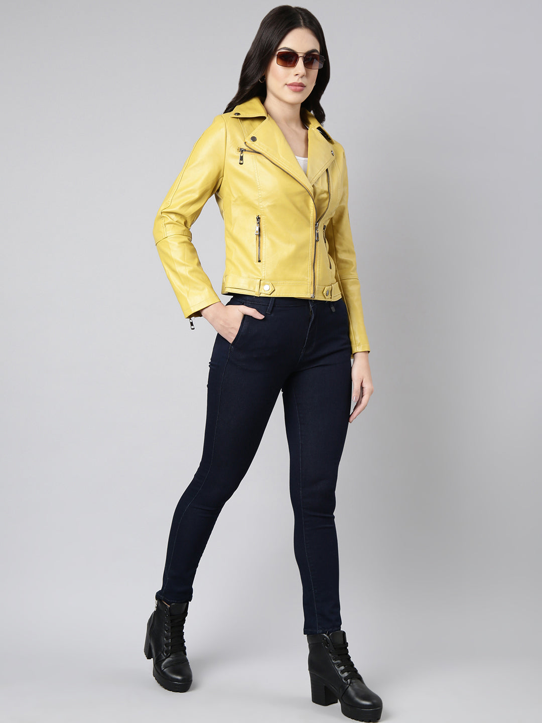 Women Solid Yellow Biker Jacket