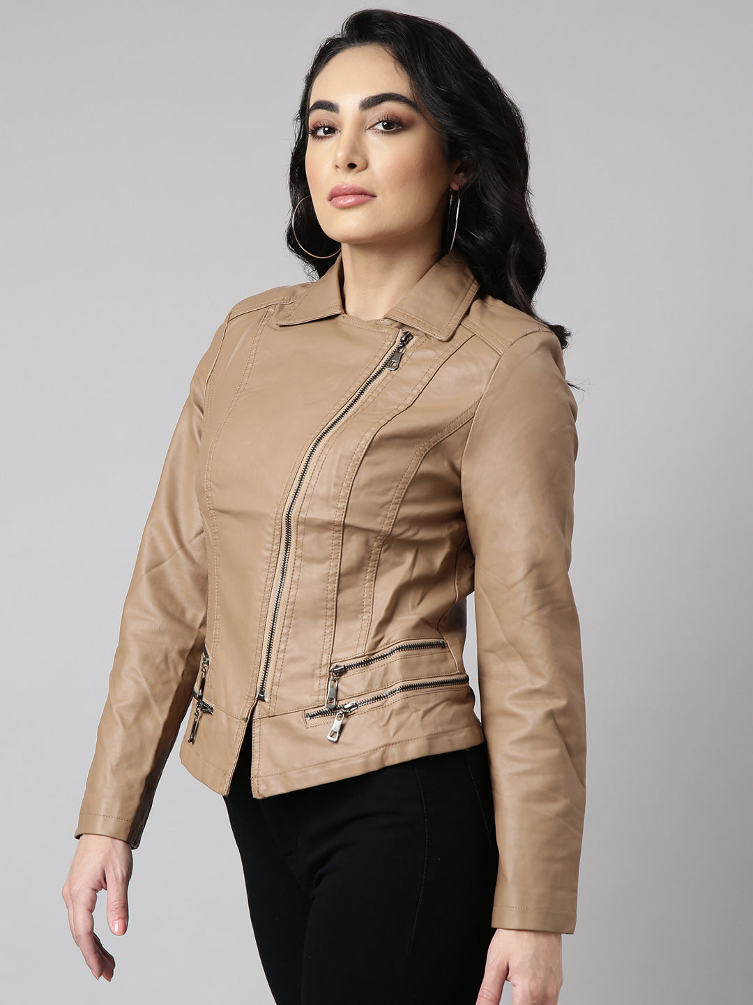 Women Solid Brown Biker Jacket