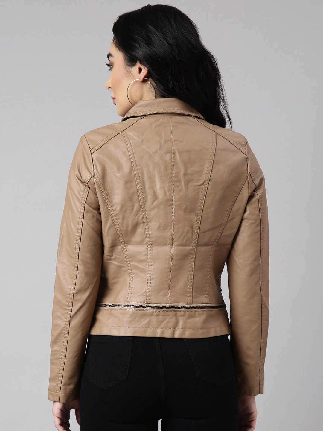 Women Solid Brown Biker Jacket