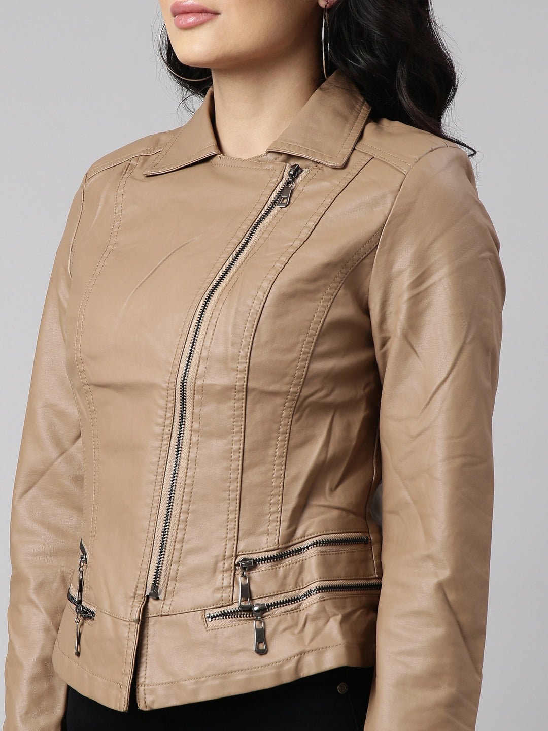 Women Solid Brown Biker Jacket