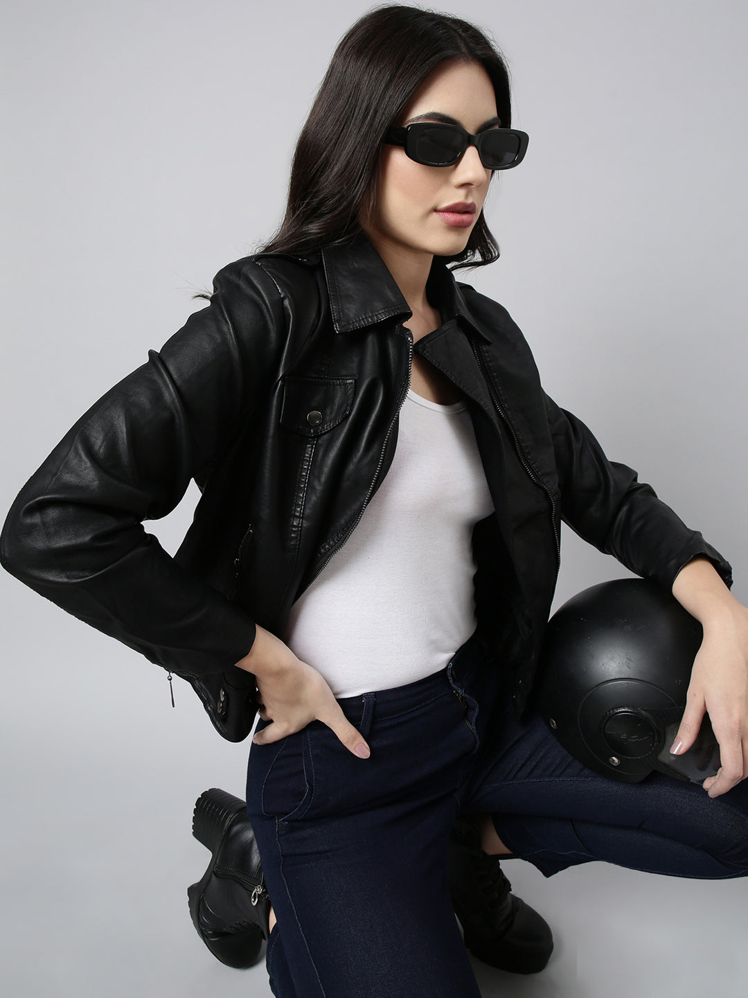 Women Solid Black Biker Jacket