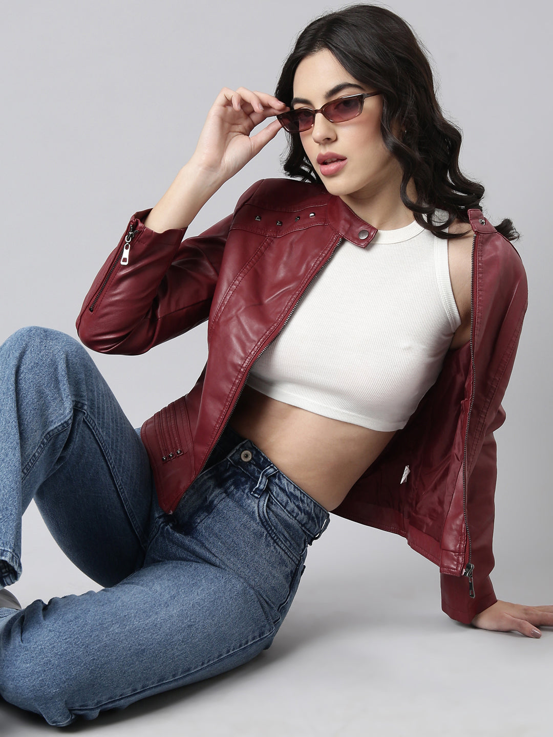 Women Solid Maroon Biker Jacket