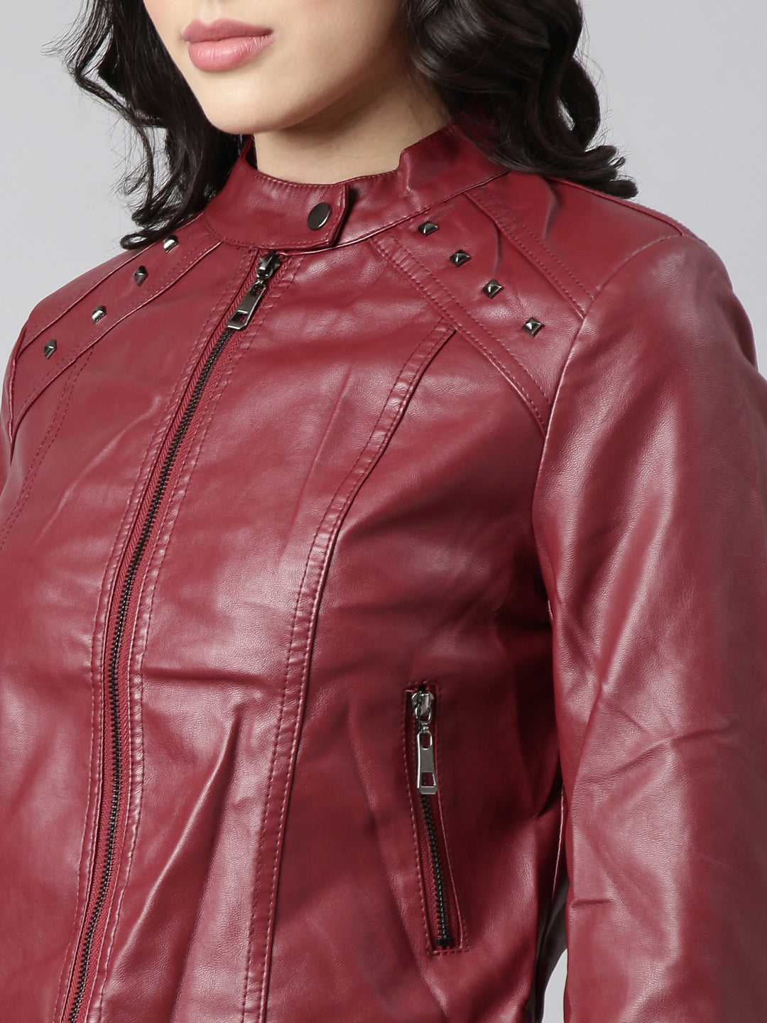 Women Solid Maroon Biker Jacket
