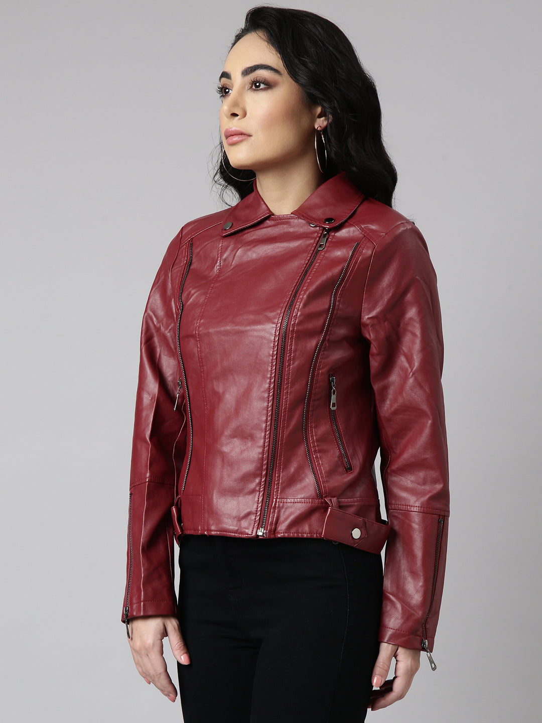 Maroon biker jacket sale