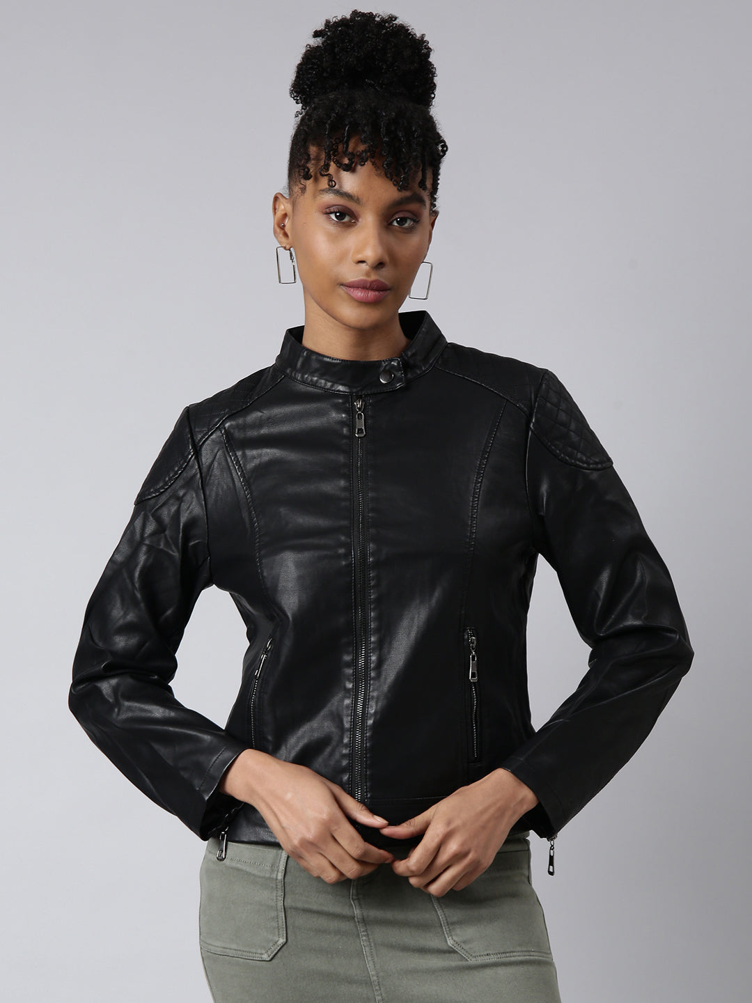 Women Solid Black Biker Jacket