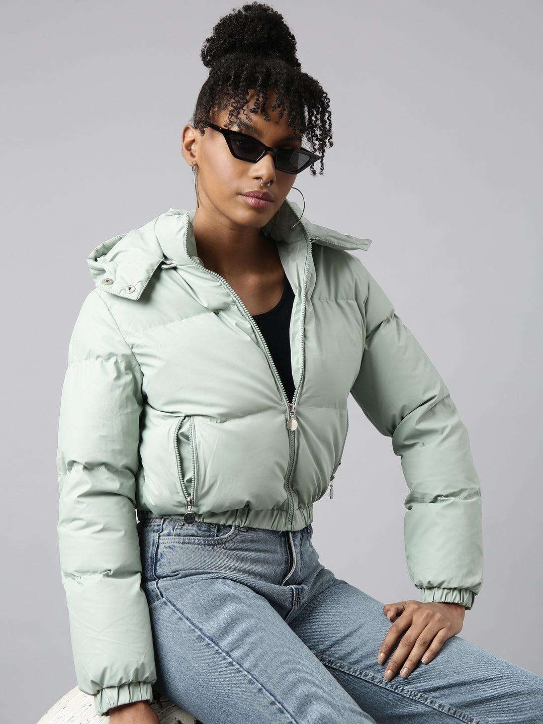 Women Solid Sea Green Puffer Jacket Comes with Detachable Hood
