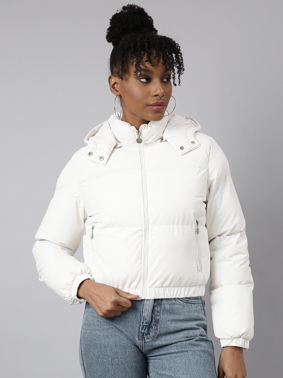 Women Solid White Puffer Jacket Comes with Detachable Hood