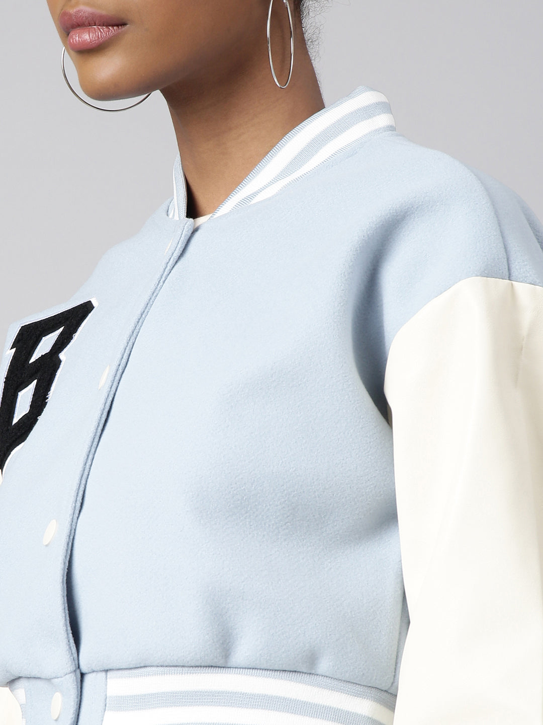 Women Solid Crop Blue Drop Shoulder Oversized Varsity Jacket