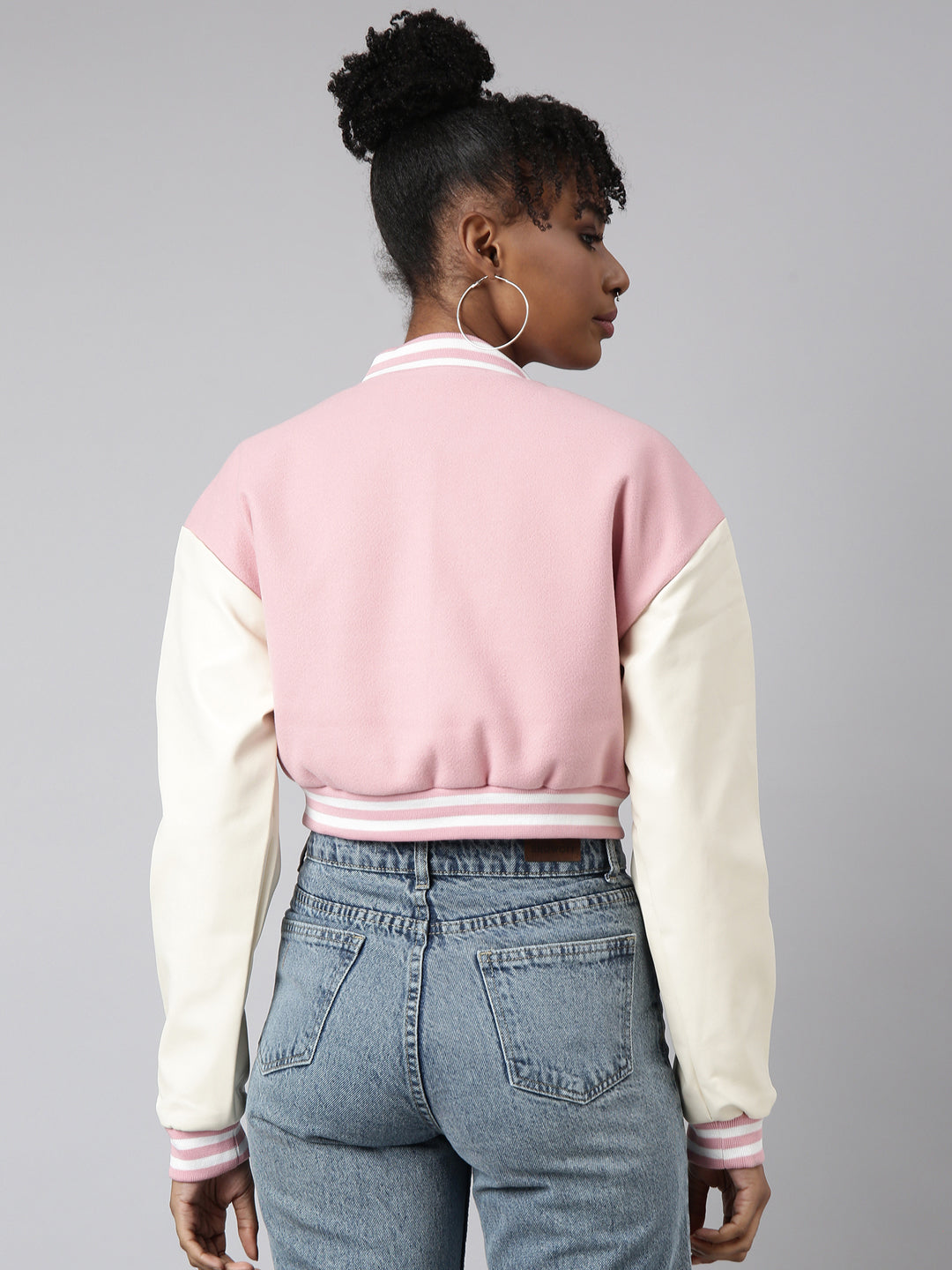 Women Solid Crop Pink Drop Shoulder Oversized Varsity Jacket