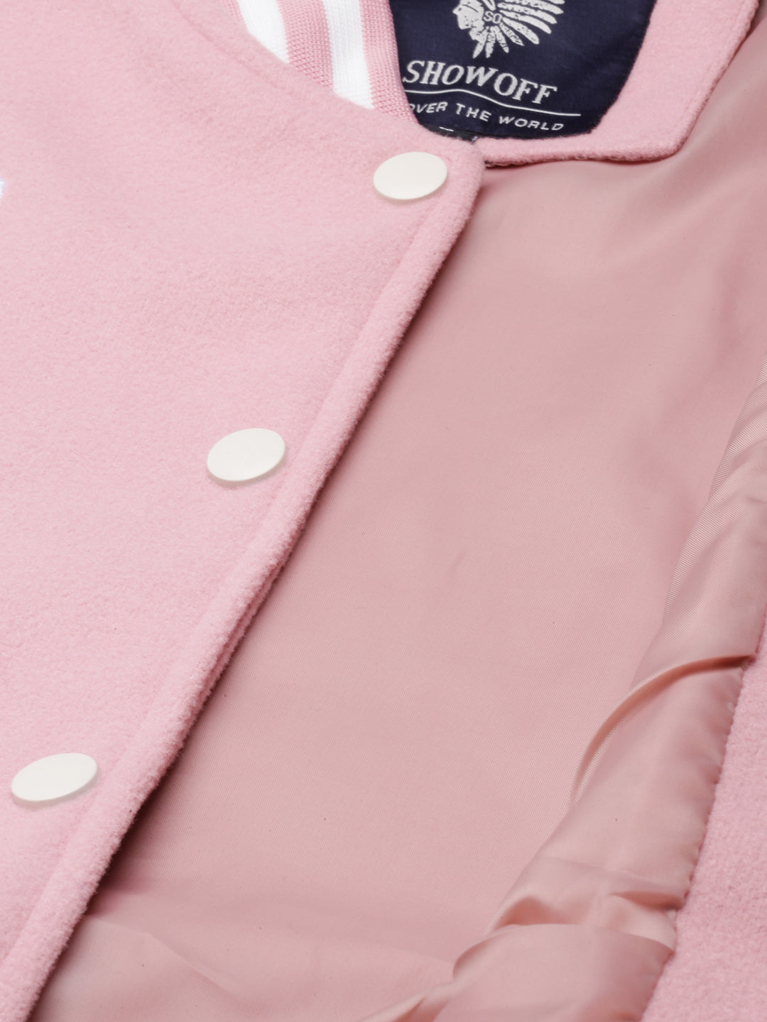 Women Solid Crop Pink Drop Shoulder Oversized Varsity Jacket