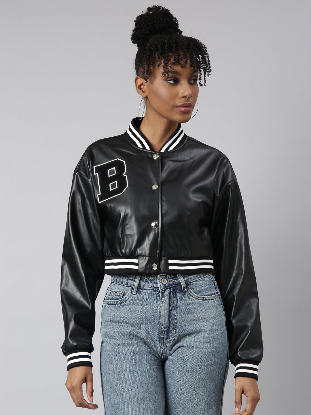 Women Solid Crop Black Drop Shoulder Oversized Varsity Jacket