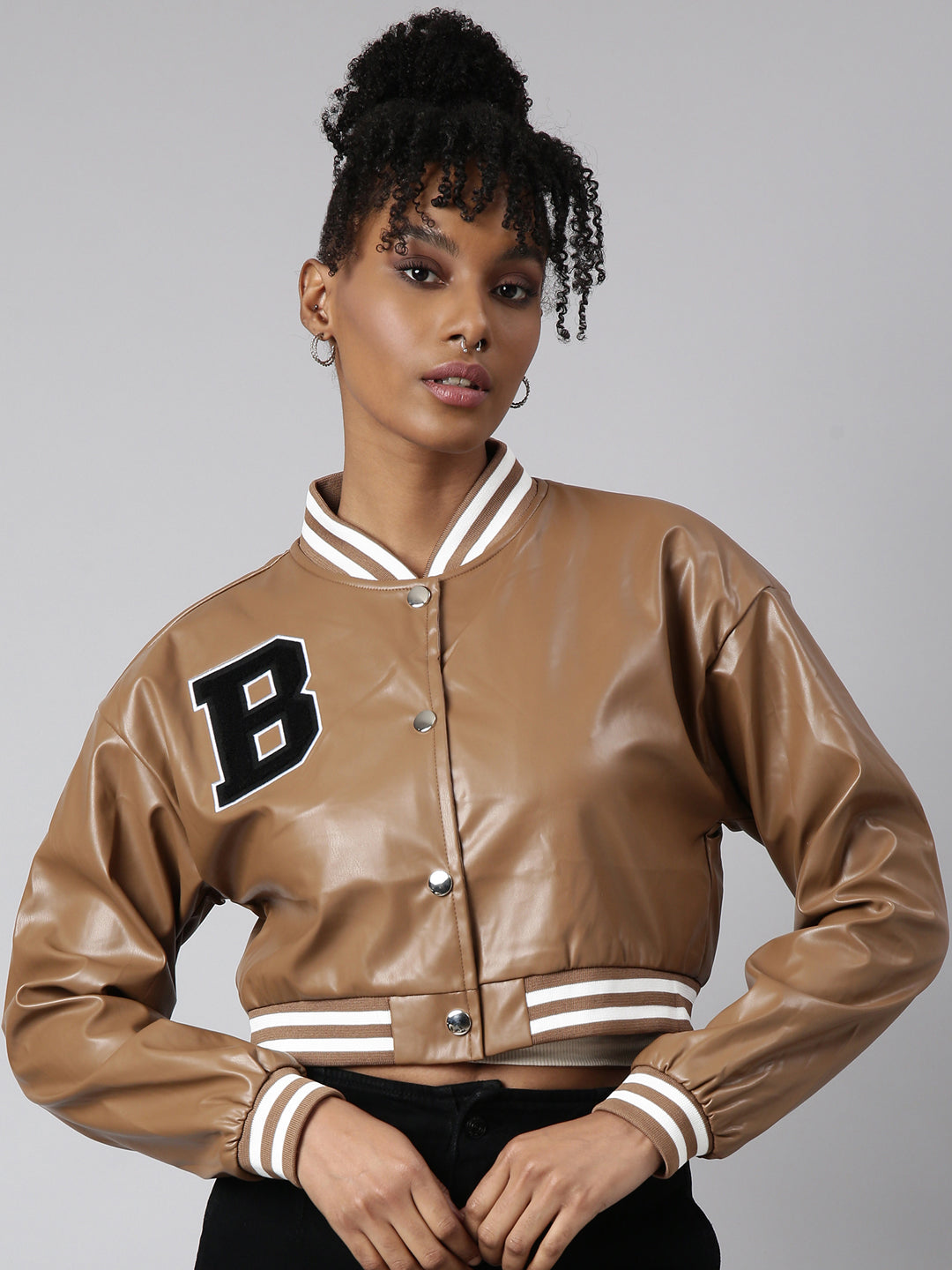 Women Solid Crop Brown Drop Shoulder Oversized Varsity Jacket