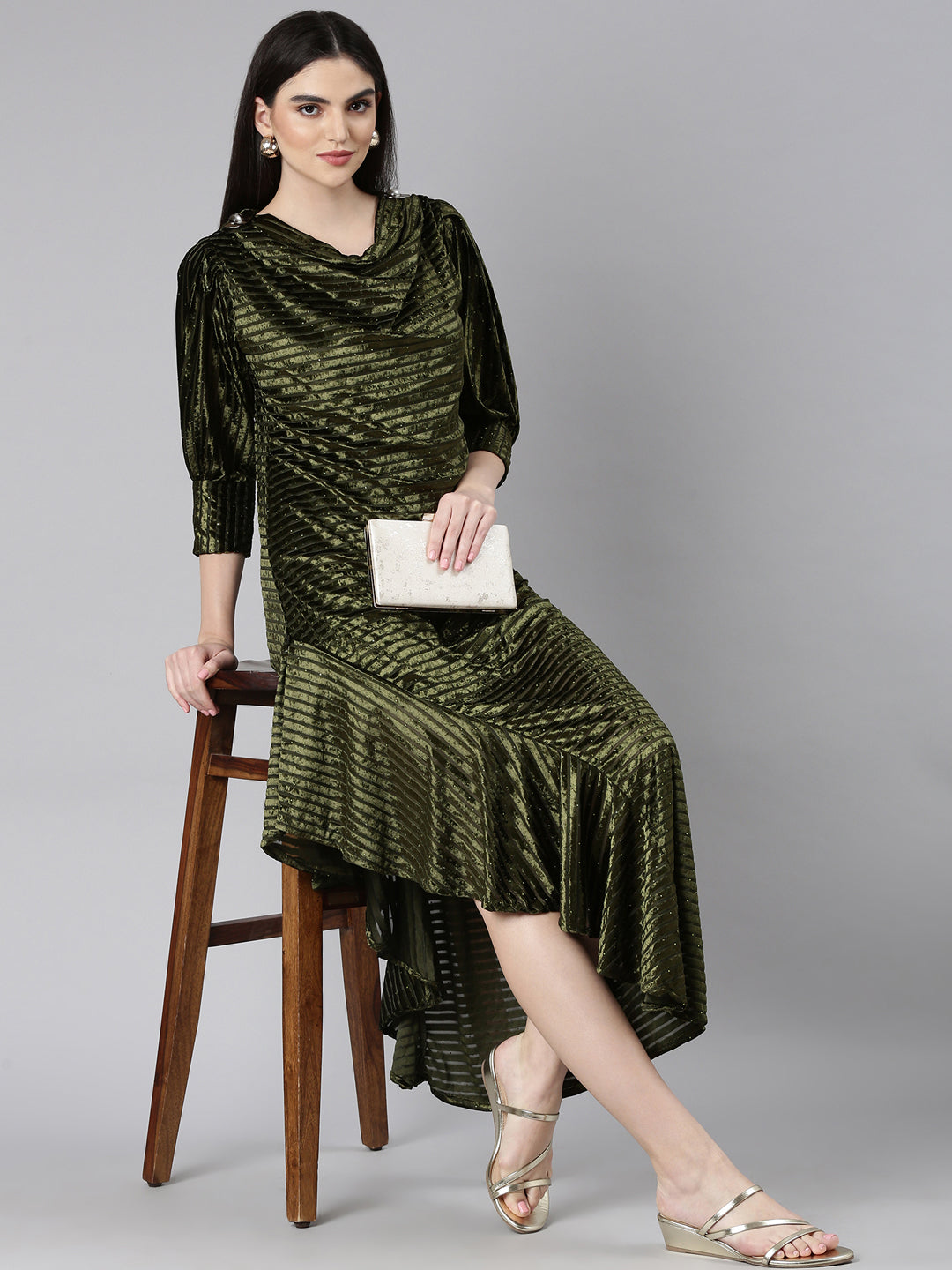 Women Olive Striped Gown Dress