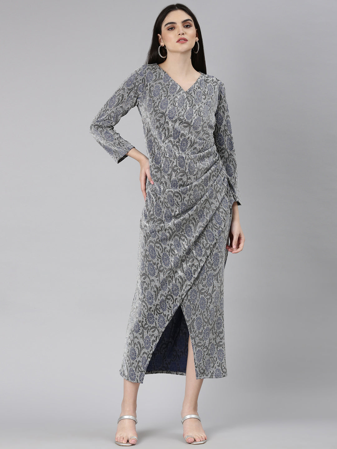 Women Silver Solid Gown Dress