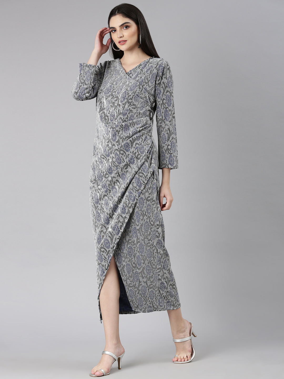 Women Silver Solid Gown Dress