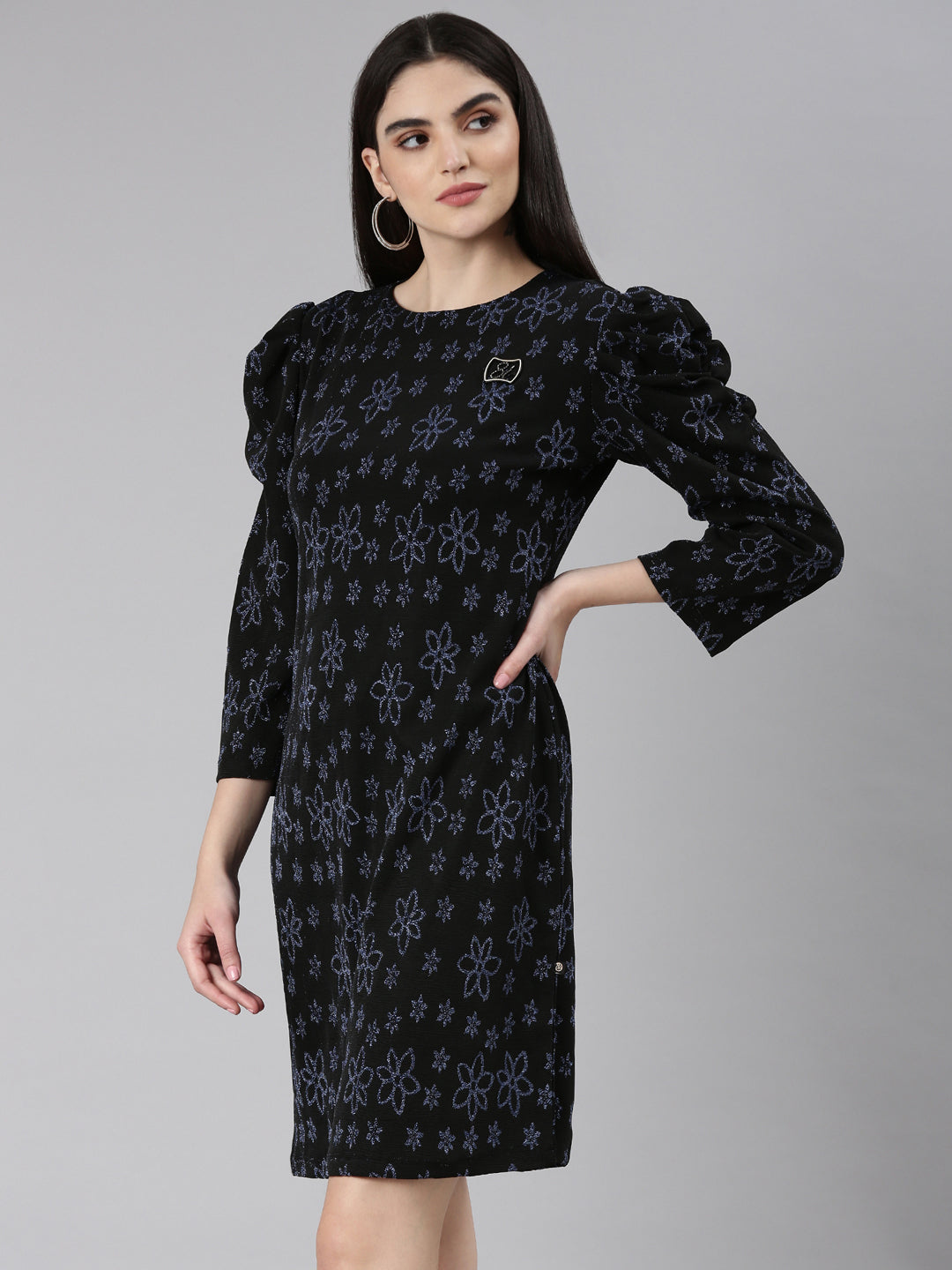 Women Black Floral A-Line Dress