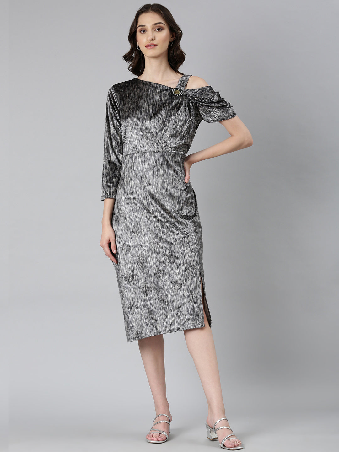 Women Grey Striped Sheath Dress