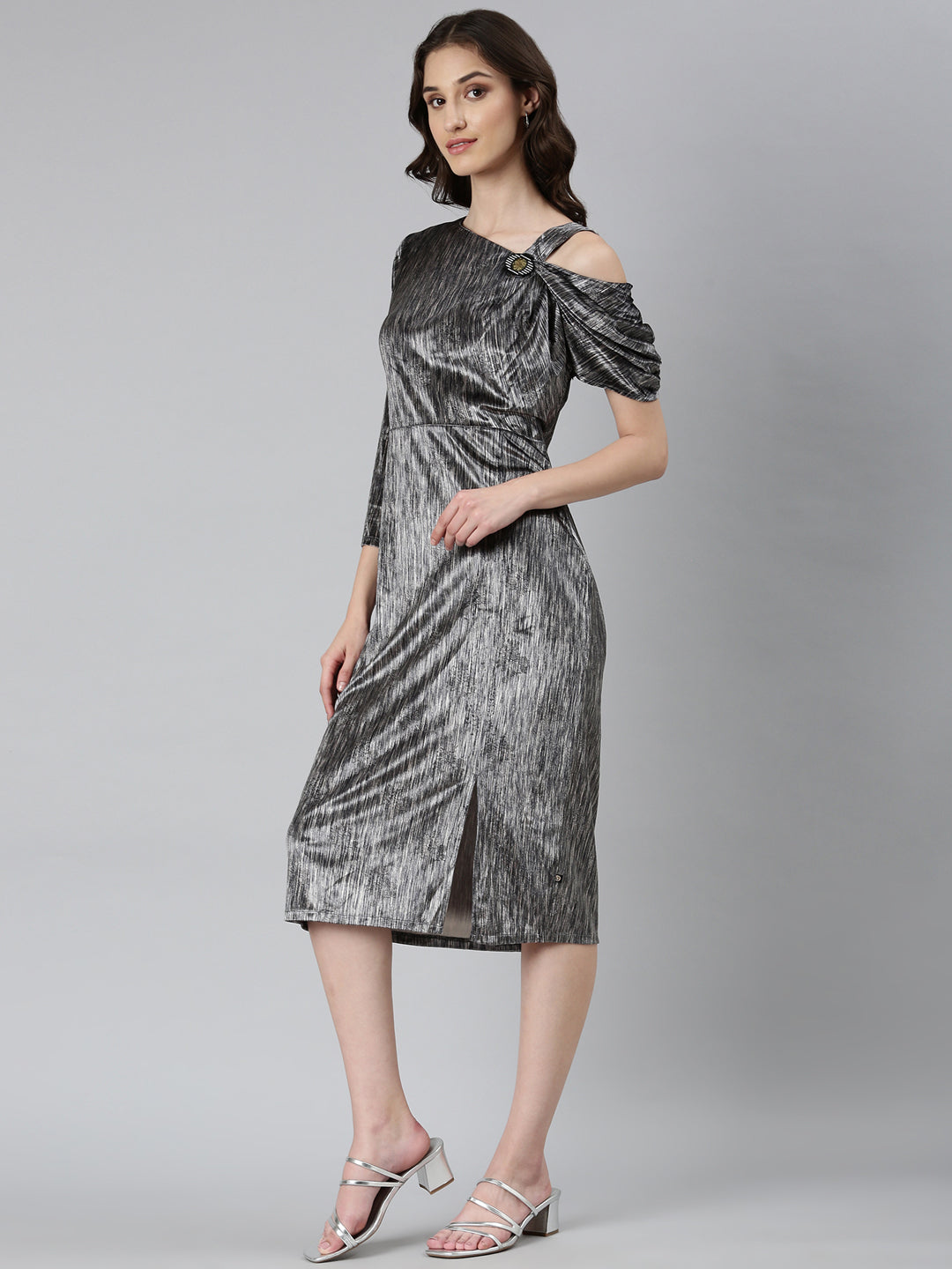 Women Grey Striped Sheath Dress