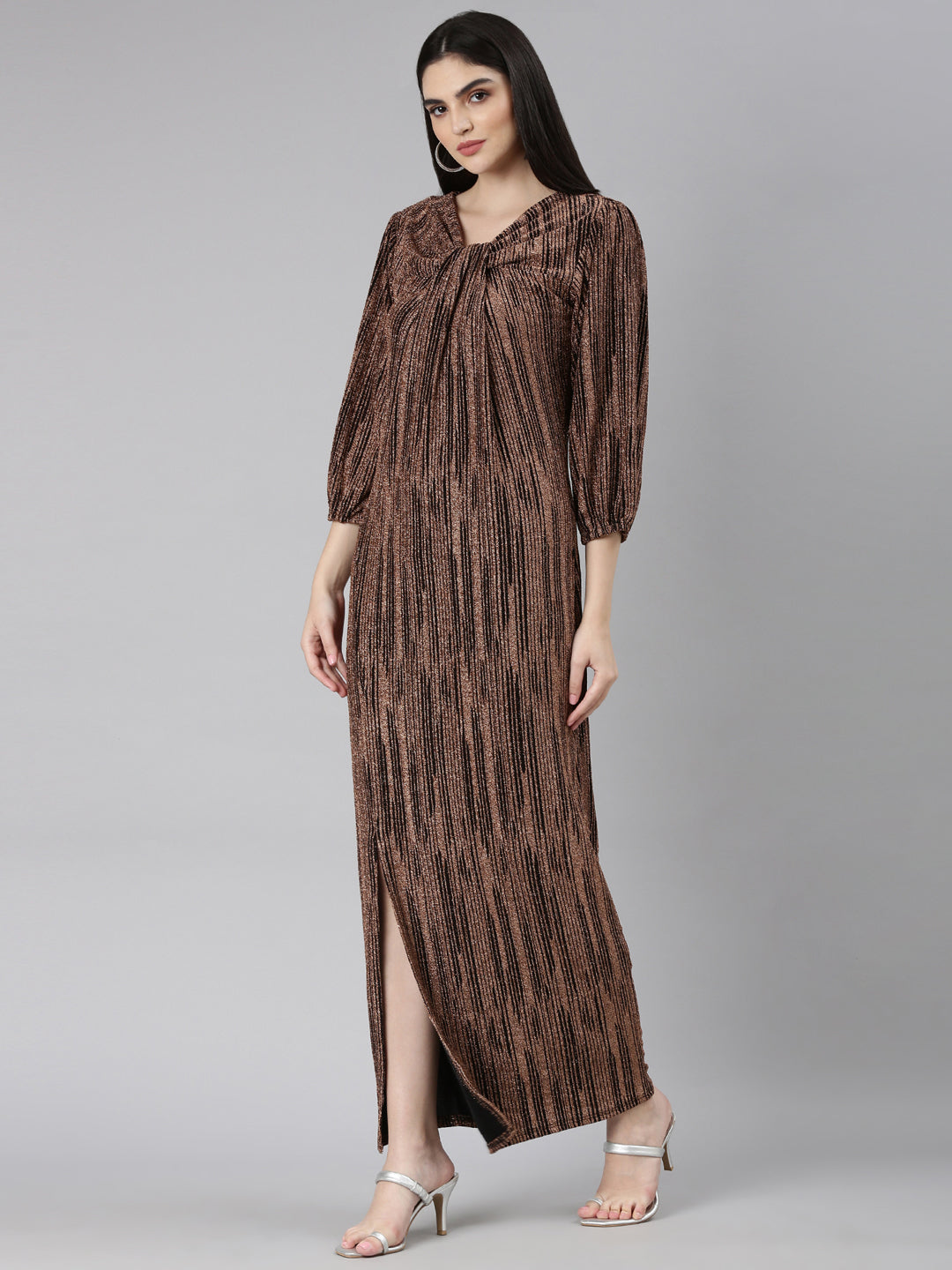 Women Bronze Striped Gown Dress