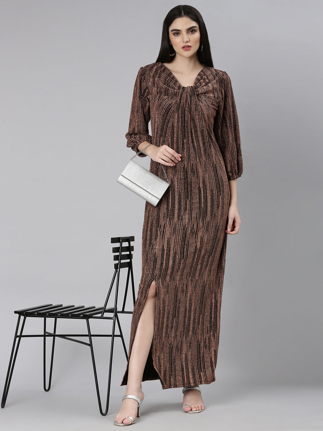 Women Bronze Striped Gown Dress