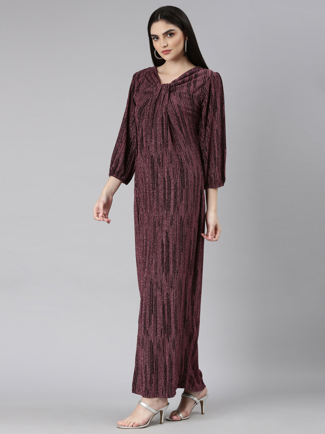 Women Magenta Striped Gown Dress