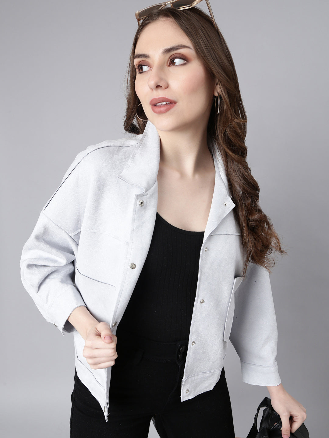 Women Solid Grey Oversized Drop Shoulder Tailored Jacket