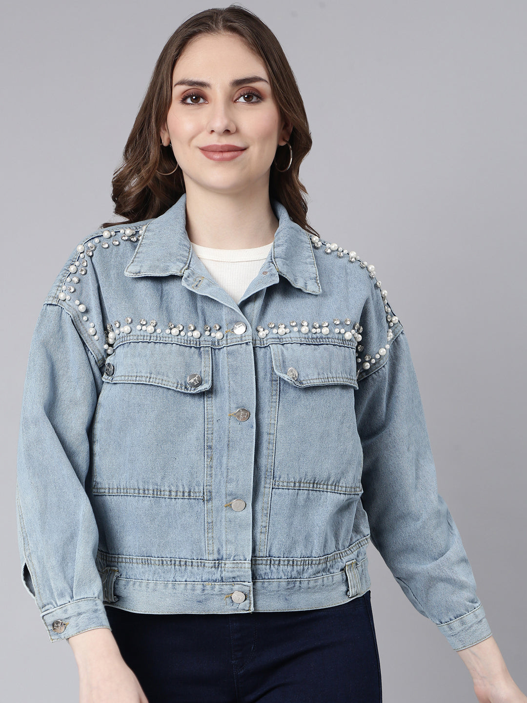 Women Solid Blue Regular Oversized Drop Shoulder Denim Jacket