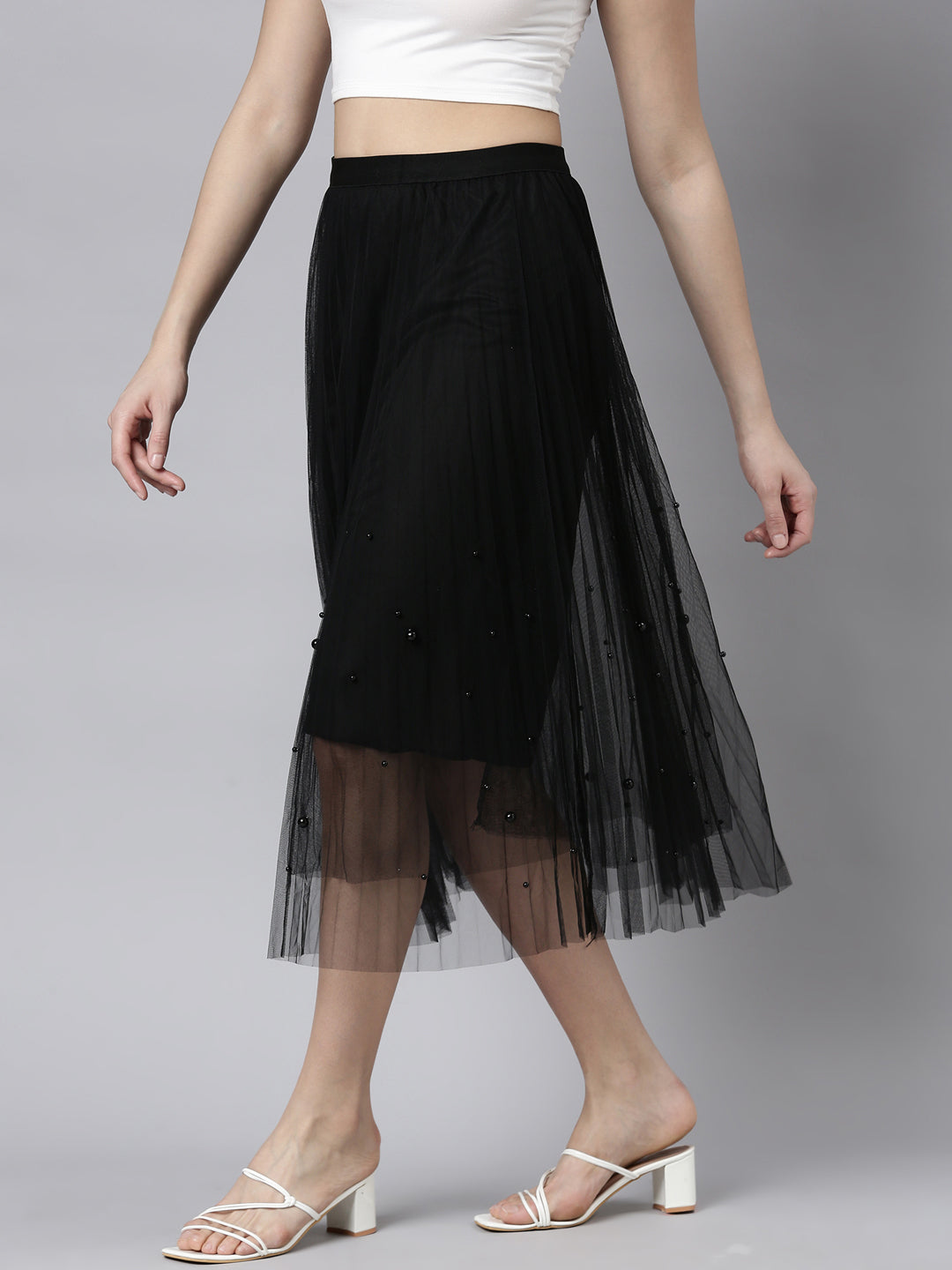 Women Solid Black Flared Midi Sheer Skirt