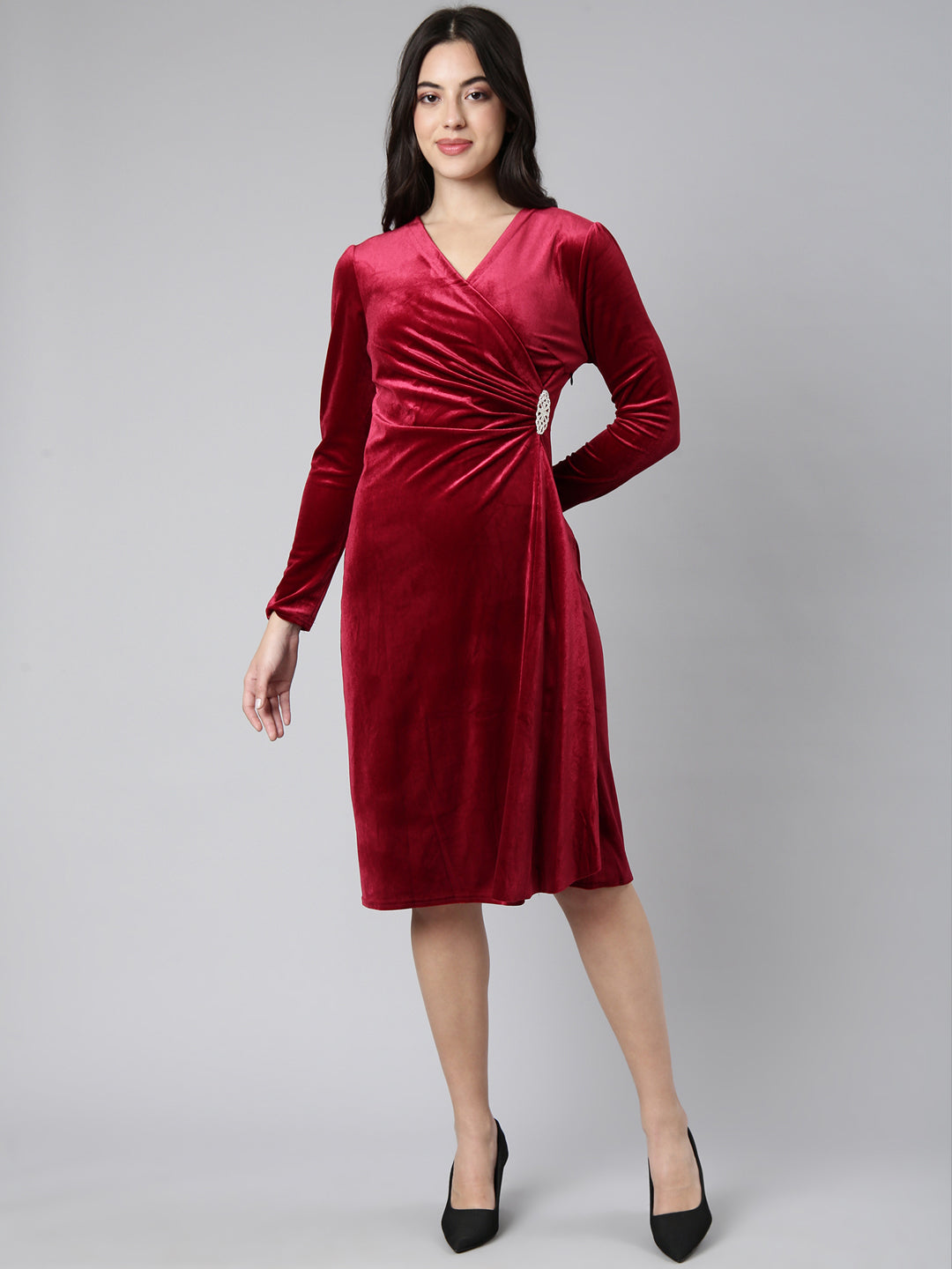 Women Solid Burgundy A-Line Dress