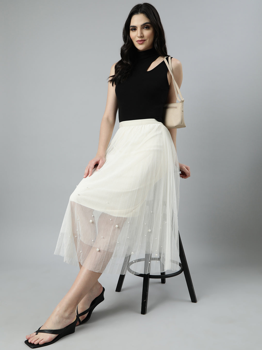 Women Solid Cream Flared Midi Sheer Skirt
