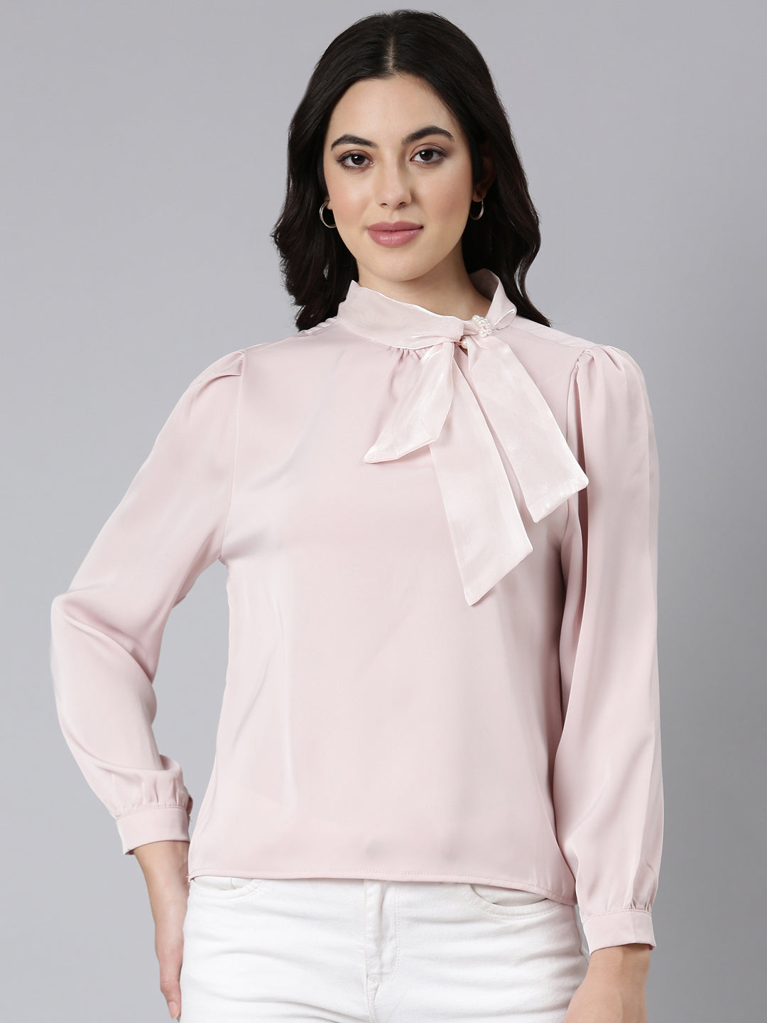 Women Solid Shirt Style Peach Top