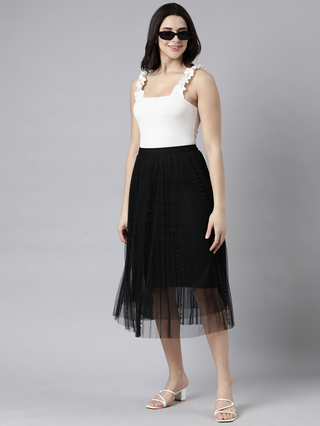 Women Solid Black Flared Midi Sheer Skirt