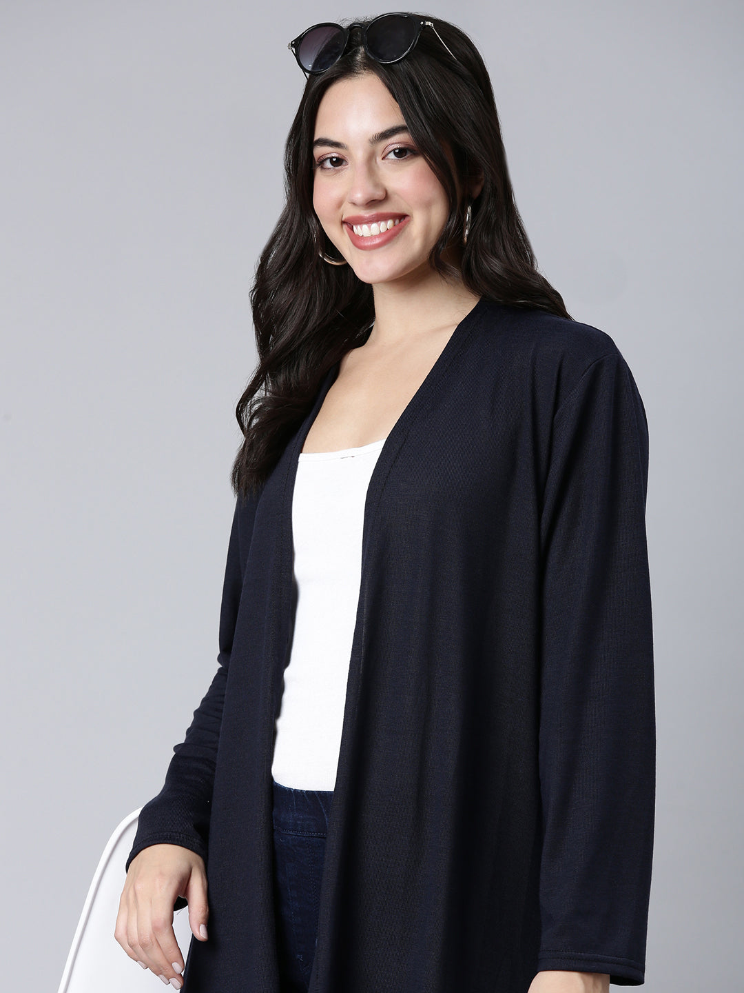 Women Solid Navy Blue Shrug