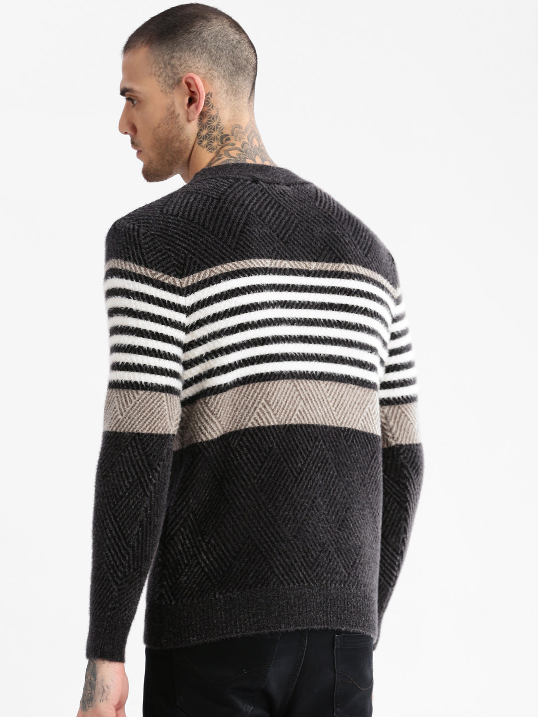 Men Round Neck Striped Black Pullover