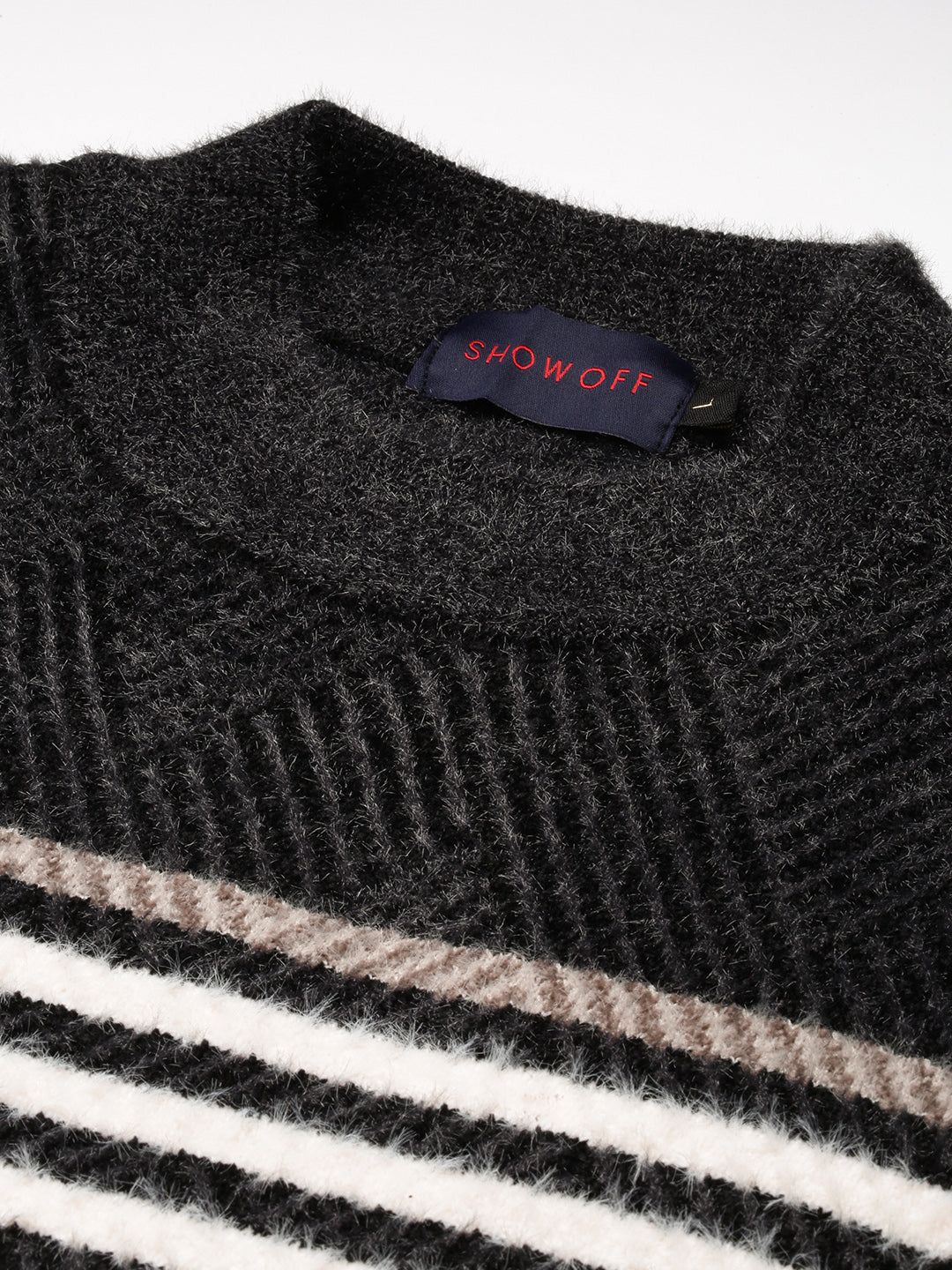 Men Round Neck Striped Black Pullover