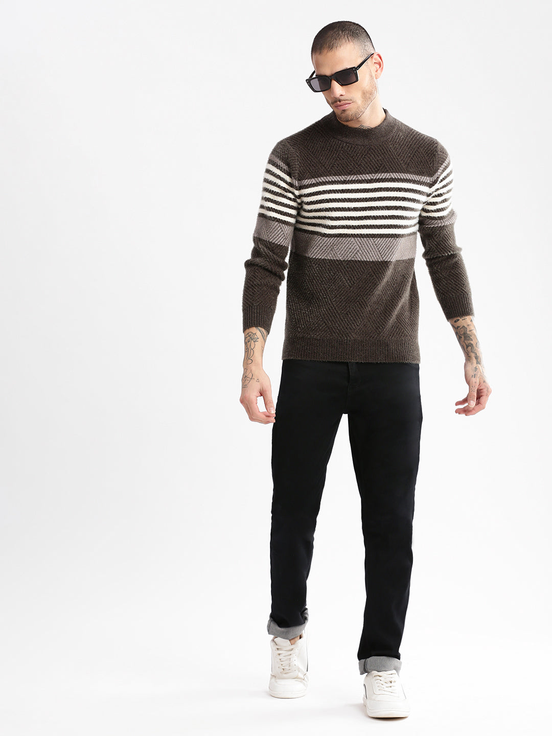 Men Round Neck Striped Olive Pullover