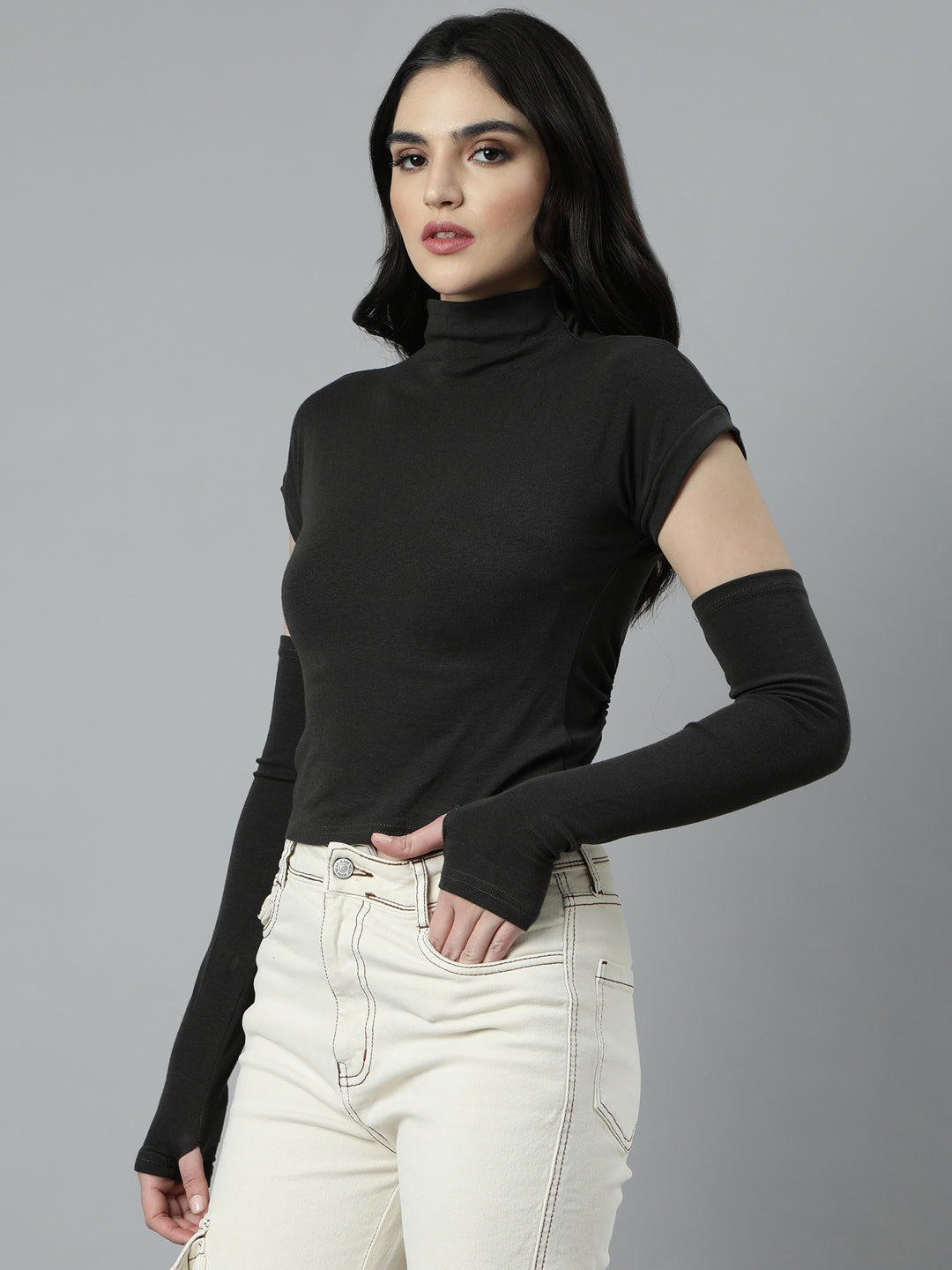Women Solid Grey Styled Back Top comes with Detachable Sleeves