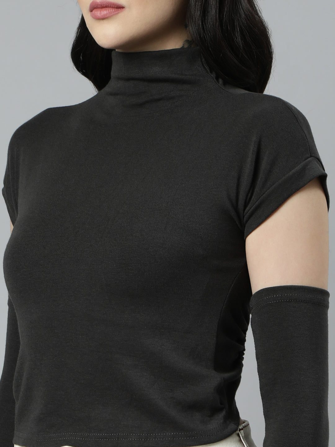 Women Solid Grey Styled Back Top comes with Detachable Sleeves