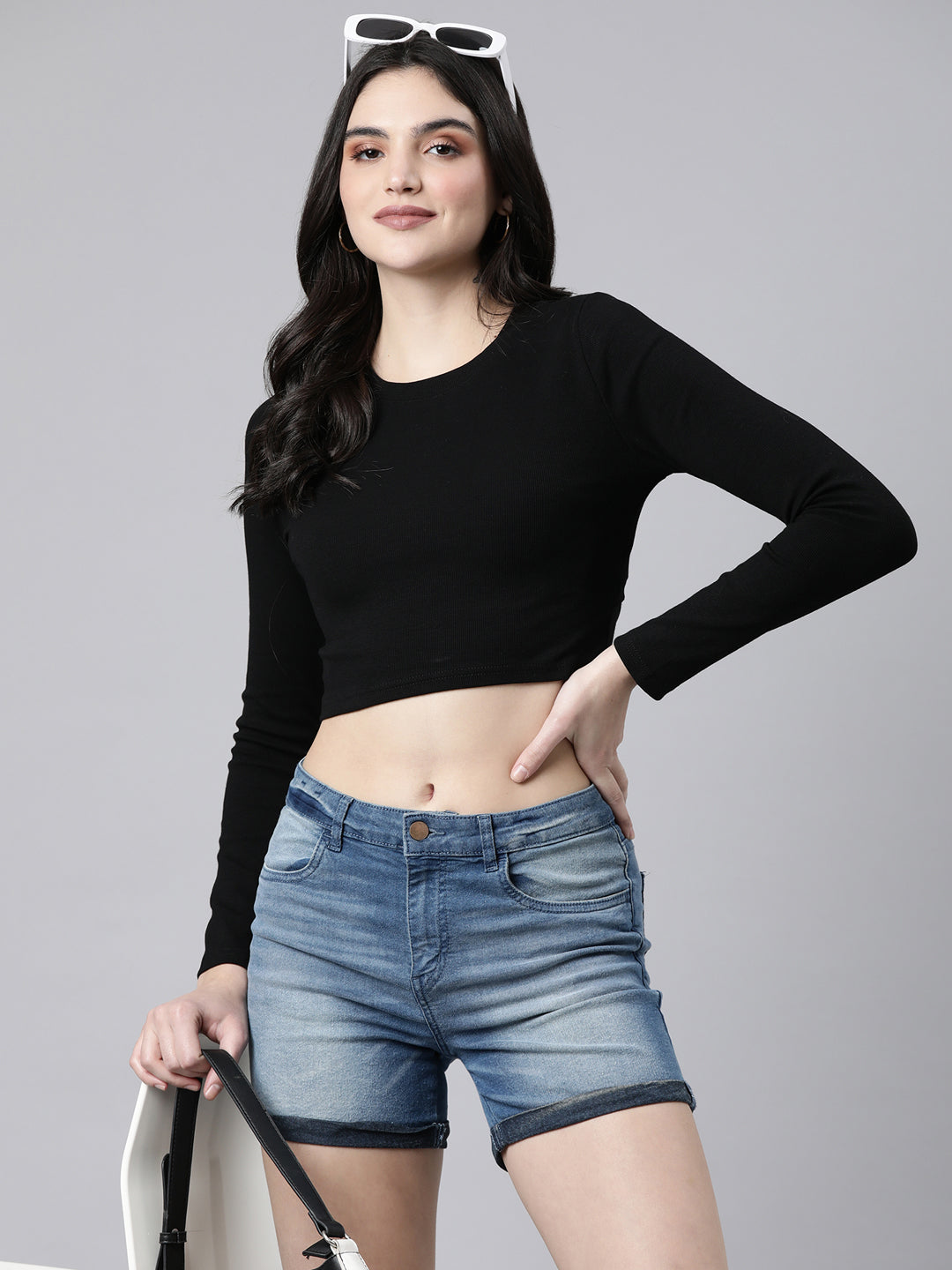 Women Solid Black Styled Back Crop Top