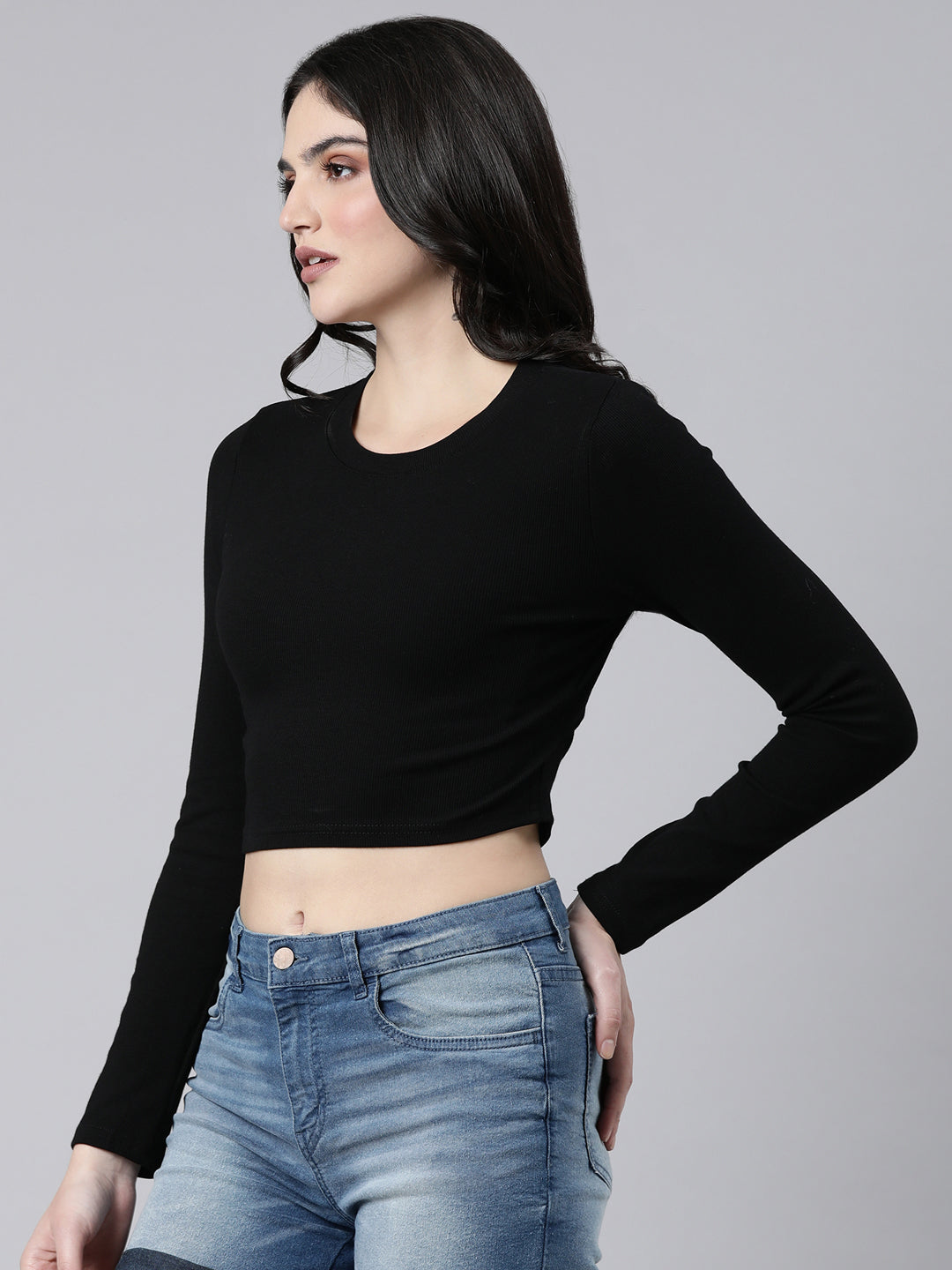 Women Solid Black Styled Back Crop Top