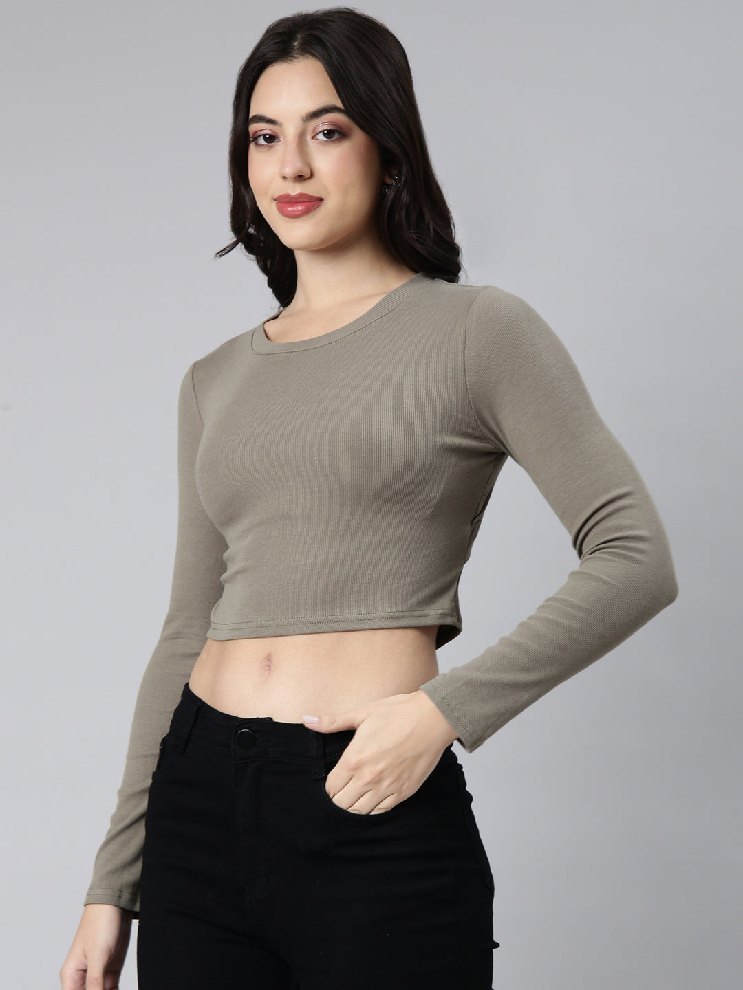 Women Solid Olive Styled Back Crop Top