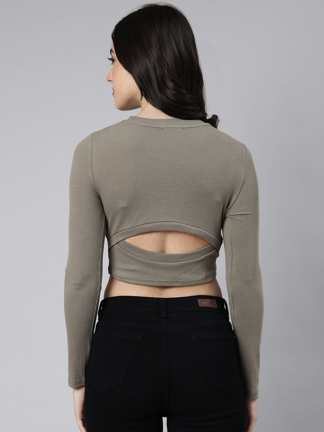 Women Solid Olive Styled Back Crop Top