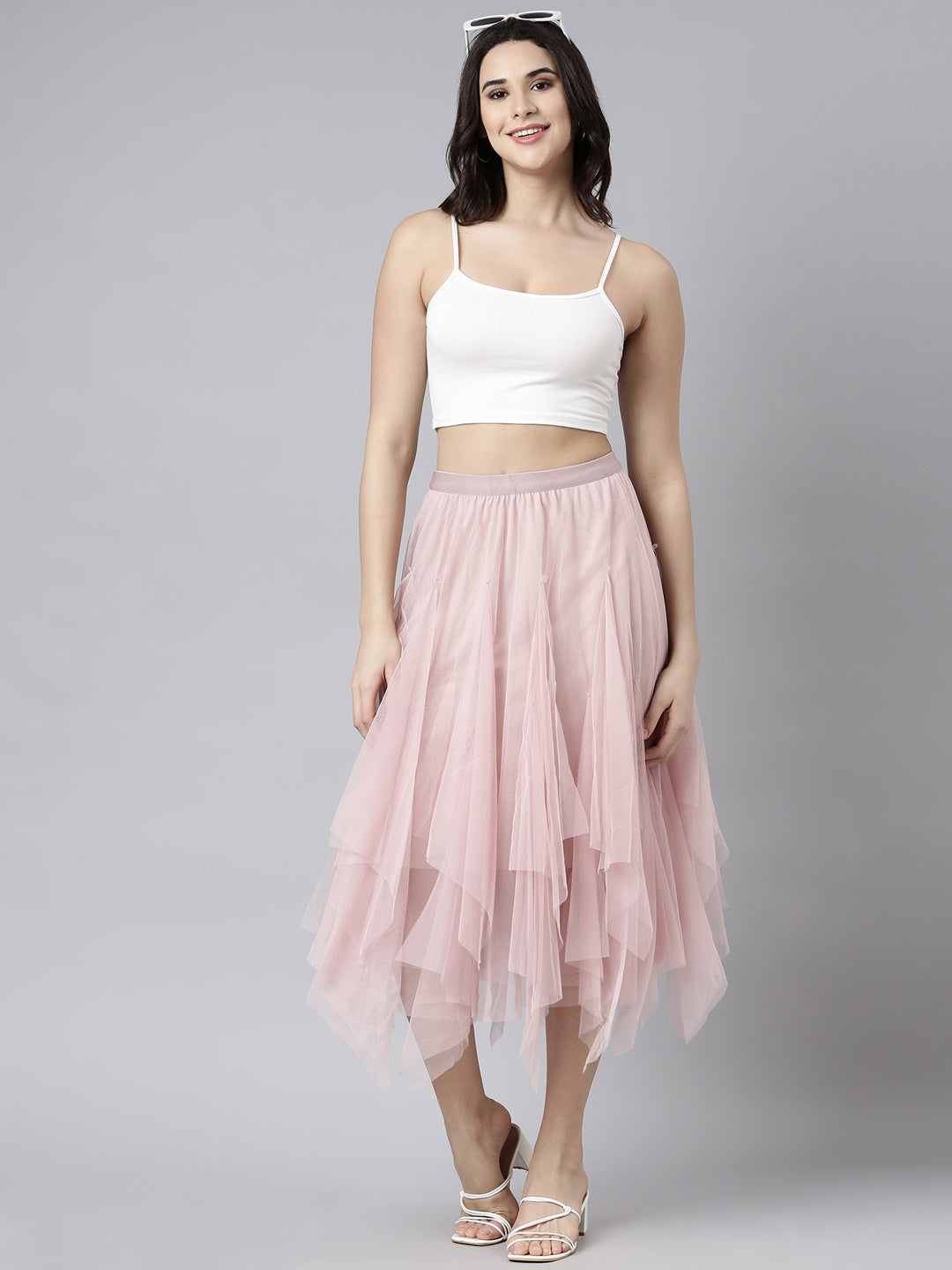 Women Solid Peach Flared Midi Skirt